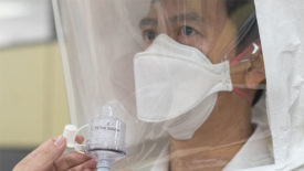 A worker undergoing respiratory fit testing